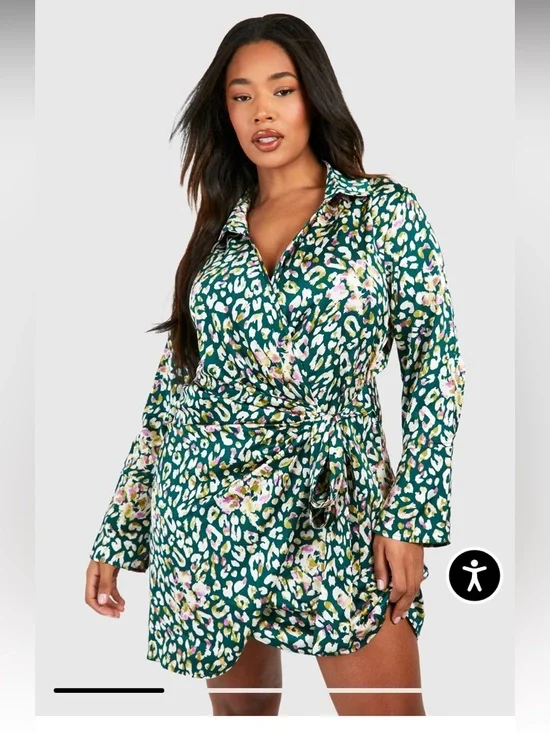 Boohoo Teal Green Floral-Leopard Print Wrap Dress - Picture 1 of 9